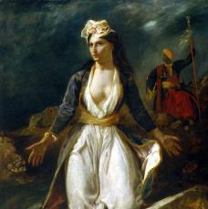 Femme grecque à genoux, main sortant de ruines