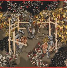 Jean Lurçat (1892-1966), Le Jardin des coqs. 1939-1940, tapisserie en laine (tissée par les ateliers Tabard à Aubusson, Creuse), 247 × 291,5 cm. Paris, Centre Pompidou – musée national d’Art moderne – Centre de création industrielle (no inv. AM 366 OA)
