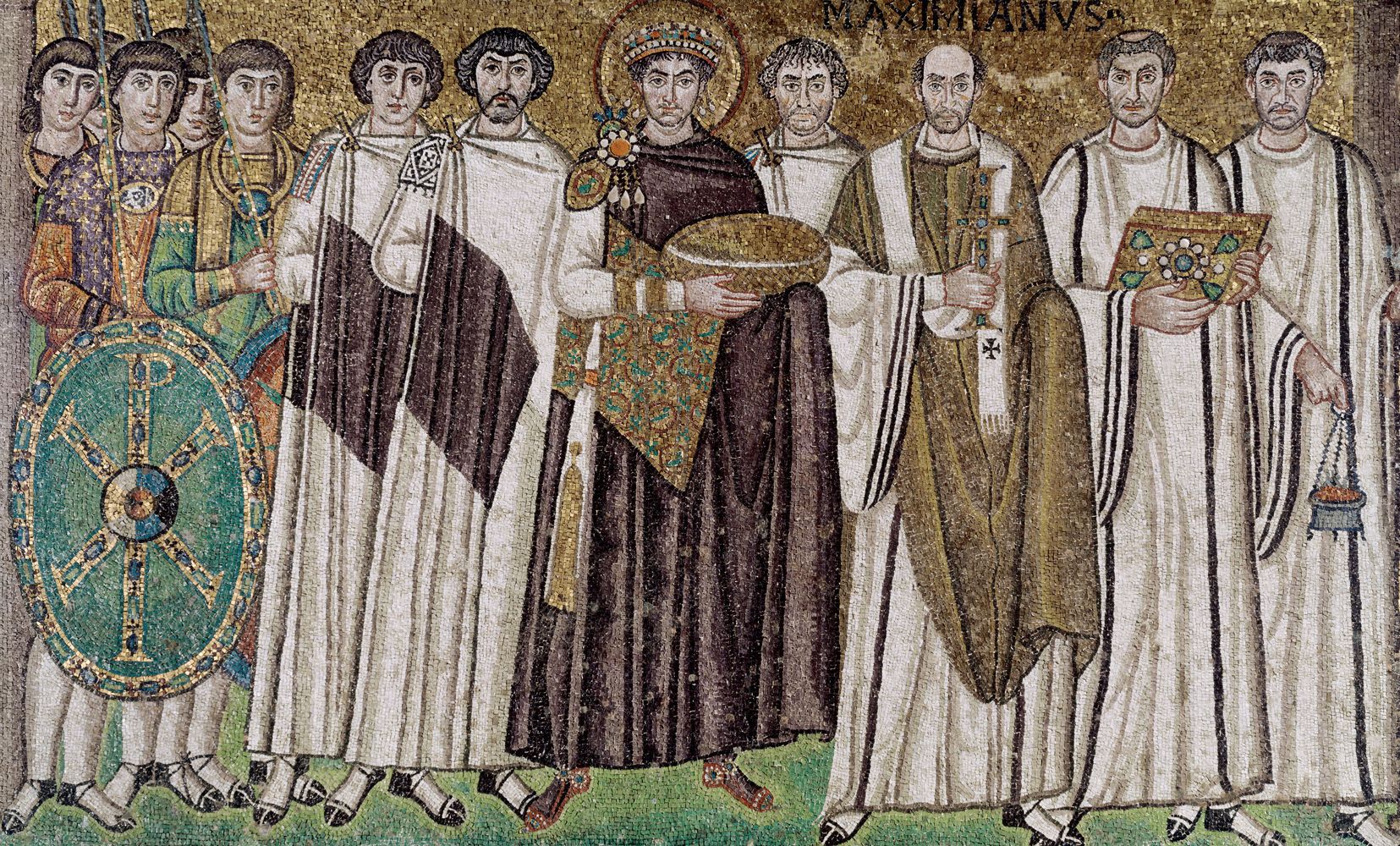Justinien Ier, l'évêque Massiamiano, Giuliano Argentario et les dignitaires Justinien Ier, l'évêque Massiamiano, Giuliano Argentario et les dignitaires