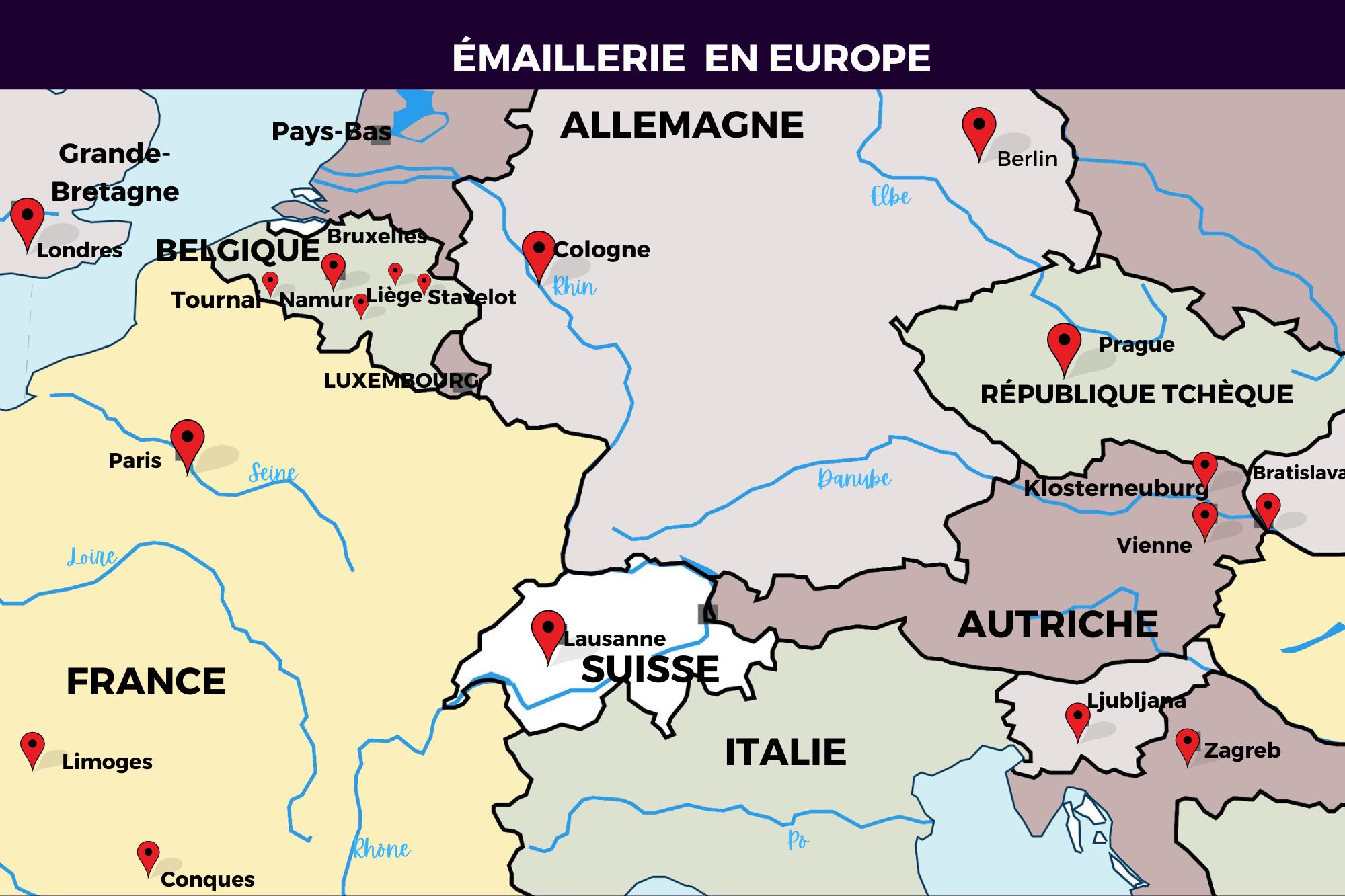 Carte géogoraphique des centres de l'émaillerie Carte géogoraphique des centres de l'émaillerie