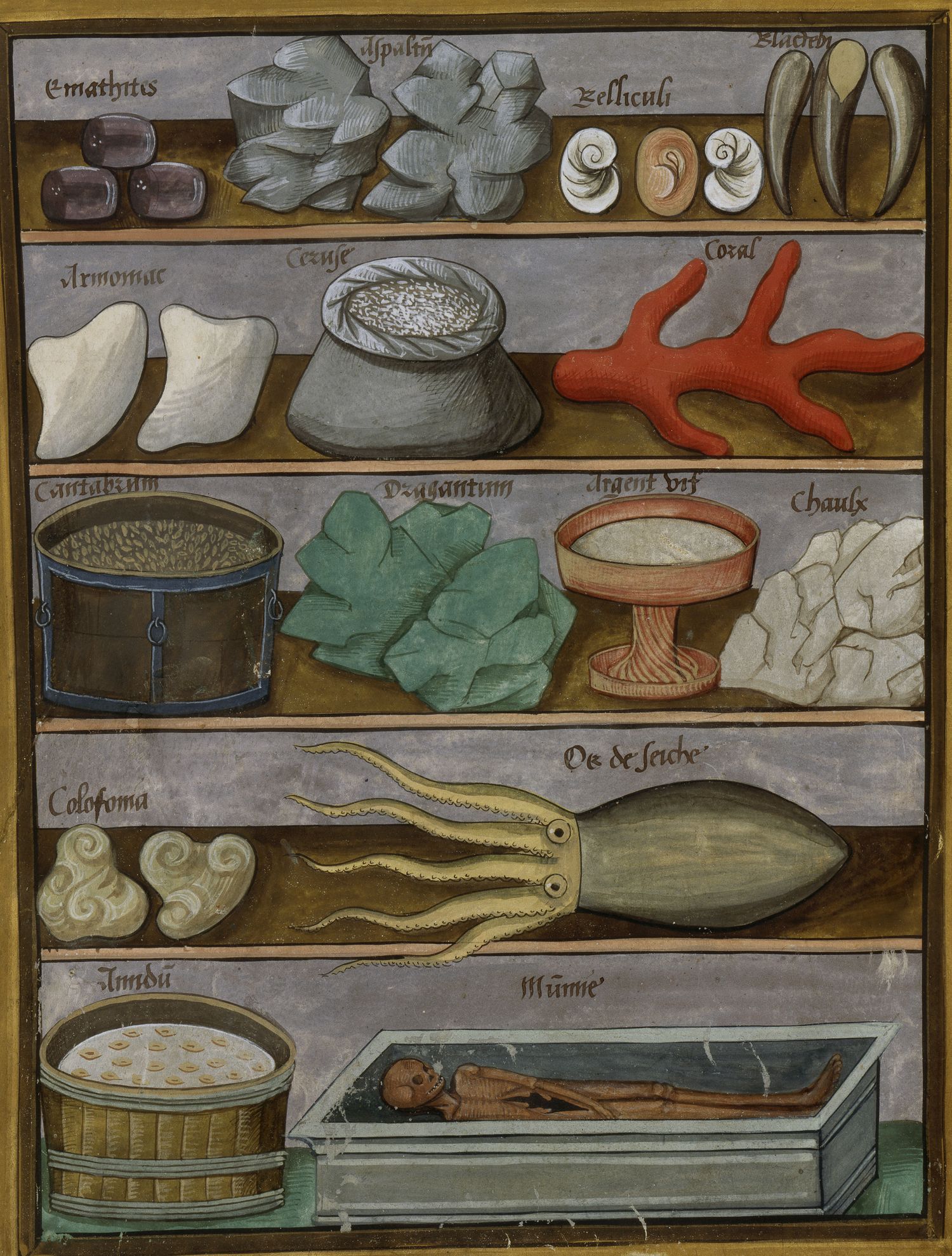 Hématite, bitume, coquillages, gomme, corail, son, vitriol, vif-argent, chaux, colophane, seiche, amidon, momie Hématite, bitume, coquillages, gomme, corail, son, vitriol, vif-argent, chaux, colophane, seiche, amidon, momie
