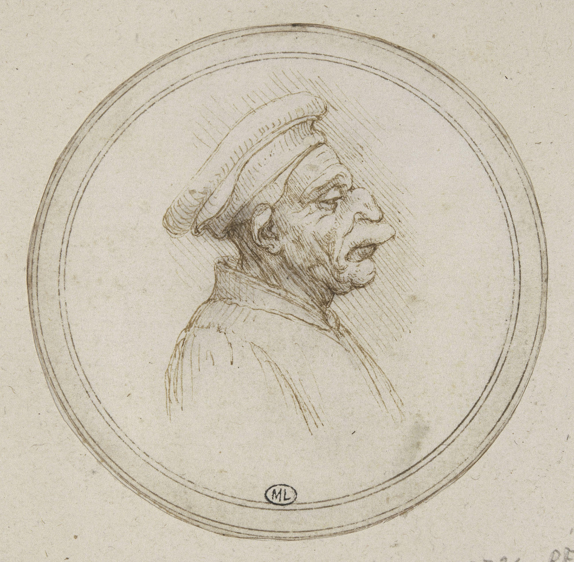 Vieil homme en buste de profil à droite, avec un bonnet rond Vieil homme en buste de profil à droite, avec un bonnet rond