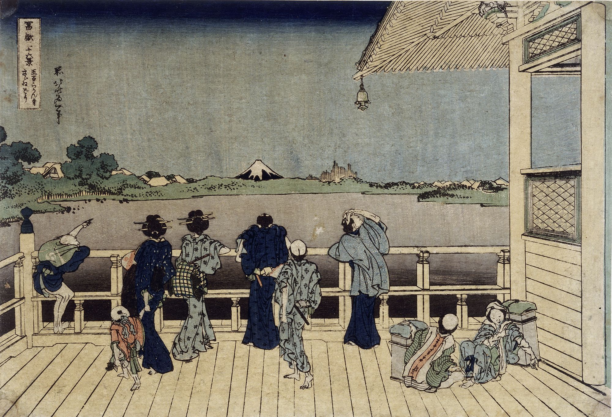 Personnages contemplant le mont Fuji d’une terrasse Personnages contemplant le mont Fuji d’une terrasse
