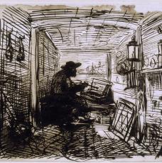 Le Bateau-atelier, l’artiste peignant à bord du Botin - Daubigny