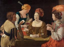 deux femmes et deux hommes jouant aux cartes, un triche