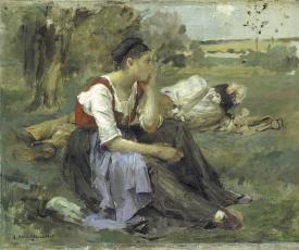 Jules Bastien-Lepage (1848-1884), Paysans se reposant (Les Foins). Vers 1877, peinture (huile sur toile), 29,5 × 37,5 cm. Allemagne, Hambourg, Kunsthalle (HK-5342)