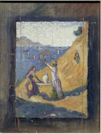 Paul Signac (1863-1935), Femmes au puits. Esquisse III (recto). 1892, peinture (huile sur bois), 26 × 40 cm. Paris, musée d’Orsay (RF 1979 4 A)