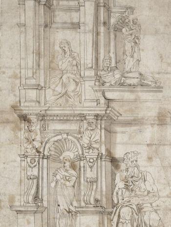 Michelangelo Buonarroti, dit Michel-Ange (1475-1564), partie gauche de la façade du tombeau de Jules II, à San Pietro in Vincoli. XVIe siècle, dessin (lavis d’encre de Chine sur papier), 41,3 × 31,4 cm. Paris, musée du Louvre (INV 835, Recto)