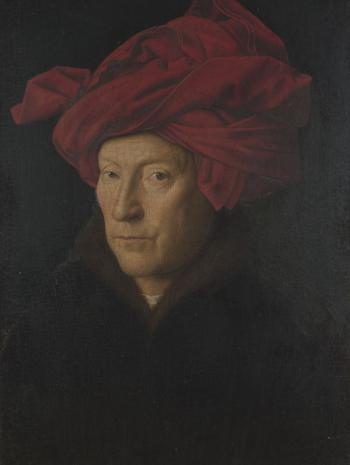 Jan Van Eyck - Portrait d’un homme (autoportrait ?). 1433, peinture (huile sur bois de chêne), 26 × 19 cm. Royaume-Uni, Londres, The National Gallery (NG222)